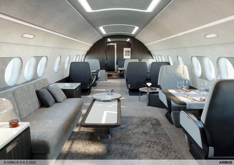 The ACJ TwoTwenty by Comlux Aviation has a business and guest lounge, as well as a private entertainment space and a suite.