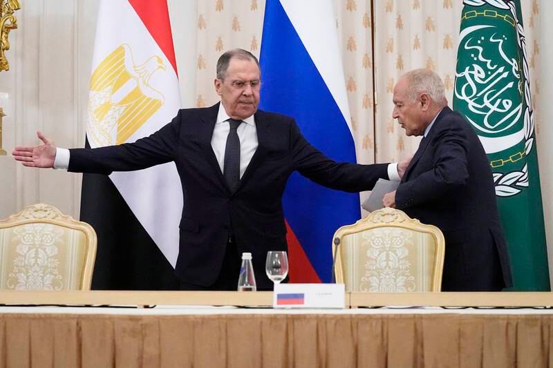 Russian Foreign Minister Sergey Lavrov with Arab League Secretary General Ahmed Aboul Gheit in Moscow on April 4. EPA