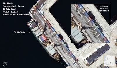 The Sparta IV ship in a Russian port with possible military equipment on the quayside. Photo: Maxar Technologies and RUSI Open Source Intelligence and Analysis