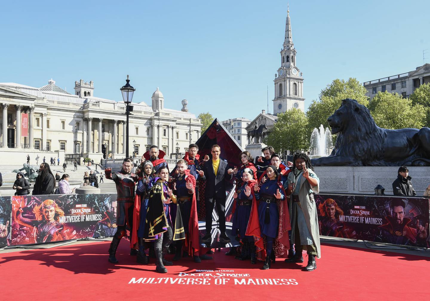 Benedict Cumberbatch with cosplayers while promoting his new film, Marvel Studios' 'Doctor Strange in the Multiverse of Madness', in Trafalgar Square, London. Getty Images
