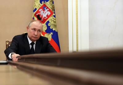 Russian President Vladimir Putin during a videoconference meeting with government members at the Kremlin in Moscow. The meeting focuses on minimising the effects of sanctions on the Russian economy.  Russian troops entered Ukraine on February 24, prompting the country's president to declare martial law and triggering a series of severe economic sanctions imposed by western countries. EPA