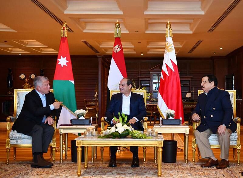 From left, King Abdullah II of Jordan, President Abdel Fattah El Sisi of Egypt and King Hamad of Bahrain meet in Sharm El Sheikh. Photo: Egyptian presidency