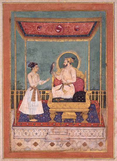 SD3494512 Shah Jahan Enthroned with his Son Dara Shikoh, c. 1630-1640 (opaque w/c & gold on paper) by Govardhan (fl. 1620); 47.8x34.2 cm; San Diego Museum of Art, USA; (add.info.: Shahab-ud-Din Muḥammad Khurram (5 January 1592  – 22 January 1666 OS) better known by his regnal name, Shah Jahan (Persian: "King of the World"), was the fifth Mughal emperor, who reigned from 1628 to 1658.); Indian,  out of copyright
