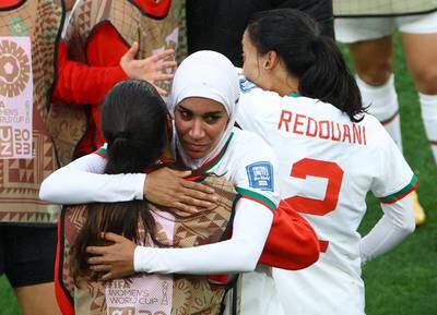 Morocco's Nouhaila Benzina celebrates after their historic victory over South Korea. Reuters