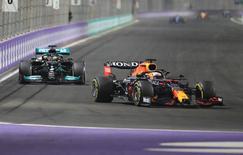Max Verstappen and Lewis Hamilton compete in the Formula One Saudi Arabian Grand Prix on Sunday, December 5. AFP
