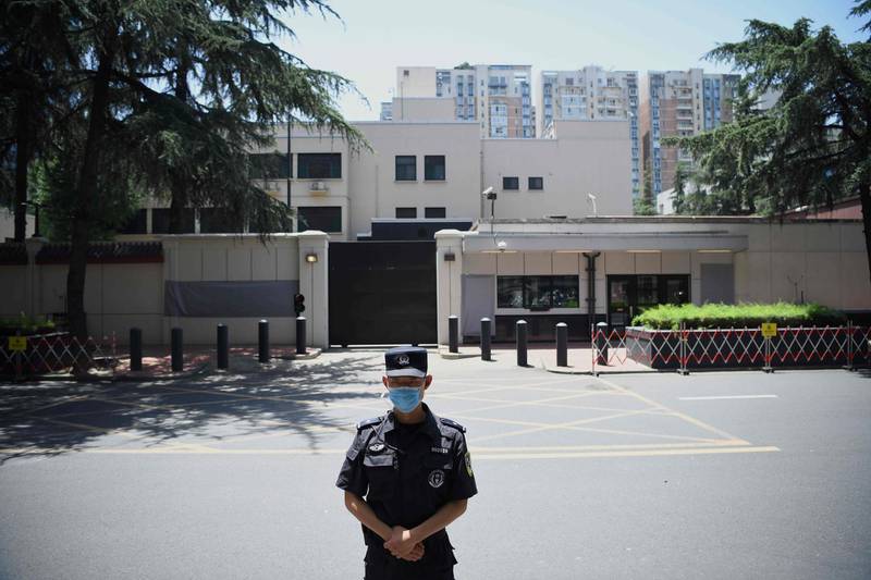A policeman stands in front of the US Consulate in Chengdu, southwestern China's Sichuan province. Chinese authorities took over the United States consulate in Chengdu, the foreign ministry said, days after Beijing ordered it to close in retaliation for the shuttering of its mission in Houston. AFP