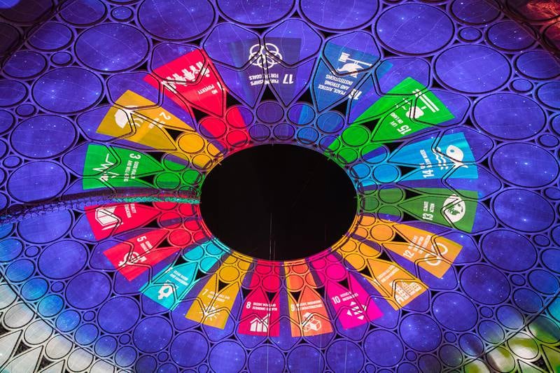 The 17 Sustainable Development Goals displayed on the dome of Al Wasl Plaza. Photo: Expo 2020 Dubai