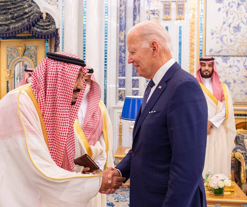 Saudi Arabia's King Salman greets US President Joe Biden at Al Salam Palace in Jeddah. Photo: @spagov