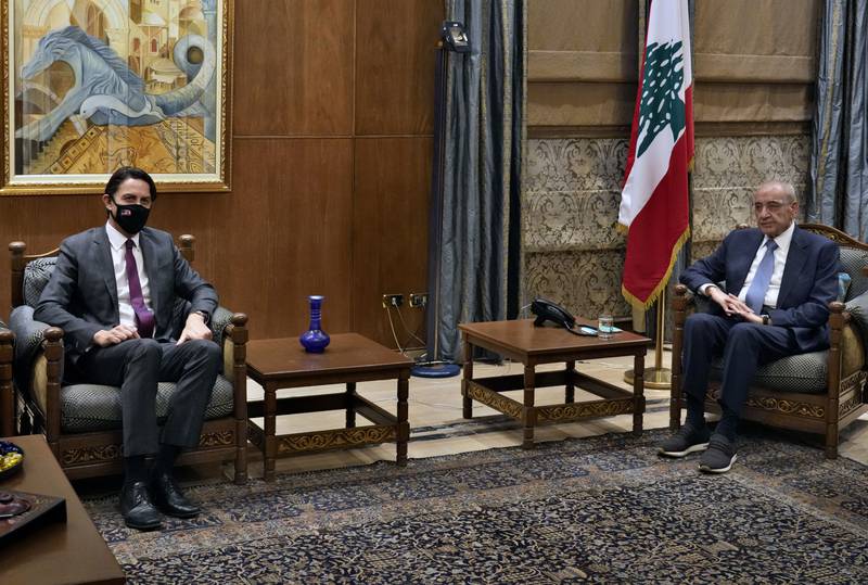 Lebanon's Parliament Speaker Nabih Berri, right, meets US envoy for energy affairs Amos Hochstein in Beirut last year. AP