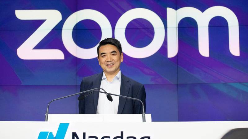 Zoom Video's chief executive Eric Yuan takes part in the Nasdaq bell-ringing ceremony after his company's IPO in New York in April, last year. AP