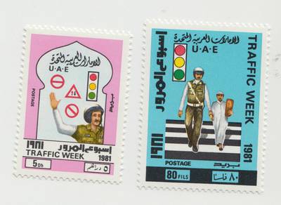 DUBAI, UNITED ARAB EMIRATES, Jan 28, 2015. UAE stamps issued in 1981 featuring Traffic Week. Photo: Reem Mohammed / The National ￼￼￼￼￼￼￼￼￼￼￼ *** Local Caption ***  RM_POSTAL_1981_01.jpeg