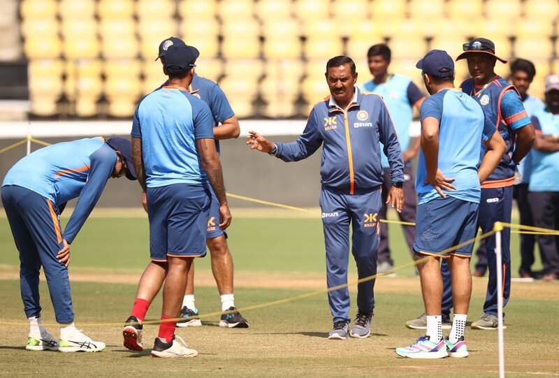 India players inspect the Nagpur pitch. Getty