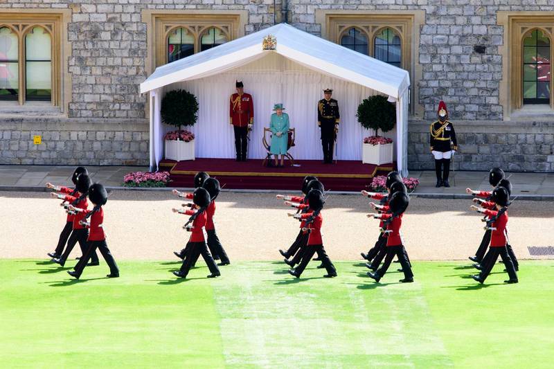 WINDSOR, ENGLAND - JUNE 13:  Queen Elizabeth II attends a ceremony to mark her official birthday at Windsor Castle on June 13, 2020 in Windsor, England. The Queen celebrates her 94th birthday this year, in line with Government advice, it was agreed that The Queen's Birthday Parade, also known as Trooping the Colour, would not go ahead in its traditional form. (Photo by Joanne Davidson - Pool/Getty Images)