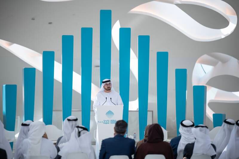 Mohammed Al Gergawi, Minister of Cabinet Affairs and chairman of the World Government Summit, announces the event's agenda at the Museum of the Future in Dubai. Photo: UAE Government Media Office