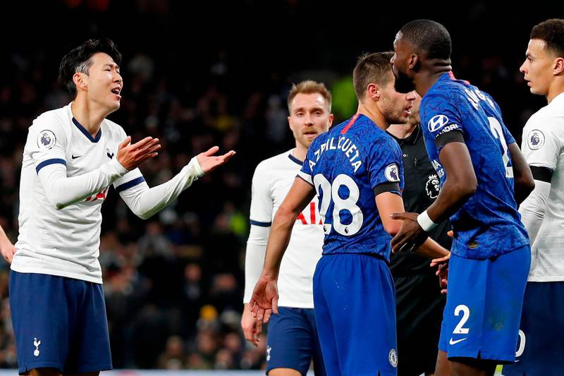 Tottenham Hotspur's South Korean striker Son Heung-Min (L) appeals to Chelsea's German defender Antonio Rudiger (R) after the two players clash during the English Premier League football match between Tottenham Hotspur and Chelsea at Tottenham Hotspur Stadium in London, on December 22, 2019.  - RESTRICTED TO EDITORIAL USE. No use with unauthorized audio, video, data, fixture lists, club/league logos or 'live' services. Online in-match use limited to 120 images. An additional 40 images may be used in extra time. No video emulation. Social media in-match use limited to 120 images. An additional 40 images may be used in extra time. No use in betting publications, games or single club/league/player publications.
 / AFP / Adrian DENNIS / RESTRICTED TO EDITORIAL USE. No use with unauthorized audio, video, data, fixture lists, club/league logos or 'live' services. Online in-match use limited to 120 images. An additional 40 images may be used in extra time. No video emulation. Social media in-match use limited to 120 images. An additional 40 images may be used in extra time. No use in betting publications, games or single club/league/player publications.
