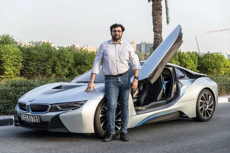 Rental car companies react to Amazon joining the car rental market in the UAE. Soham Shah, founder of Self Drive.AE photopgraphed in Silicon Oasis with one of his rental cars on June 7th, 2021. Antonie Robertson / The National.Reporter: Patrick Ryan for National