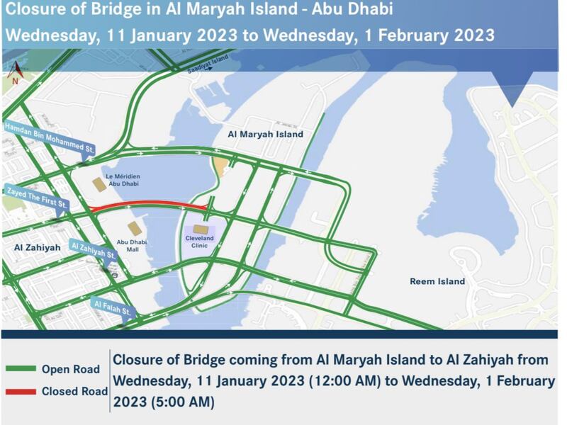The bridge that connects Zayed the First Street to Al Maryah Island will be closed from Wednesday until February 1. Photo: ITC