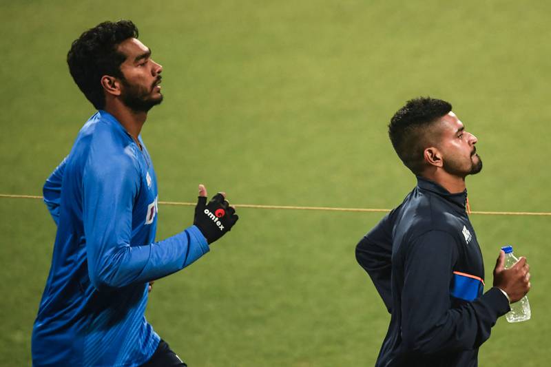 India's Sreyas Iyer, right, and teammate Venkatesh Iyer during training in Kolkata. AFP
