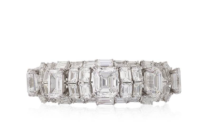 The star of the exhibition is this bracelet by Harry Winston that features 99 emerald-cut diamonds. Photo: Christie's