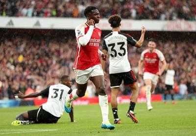 Eddie Nketiah celebrates after scoring for Arsenal. Getty