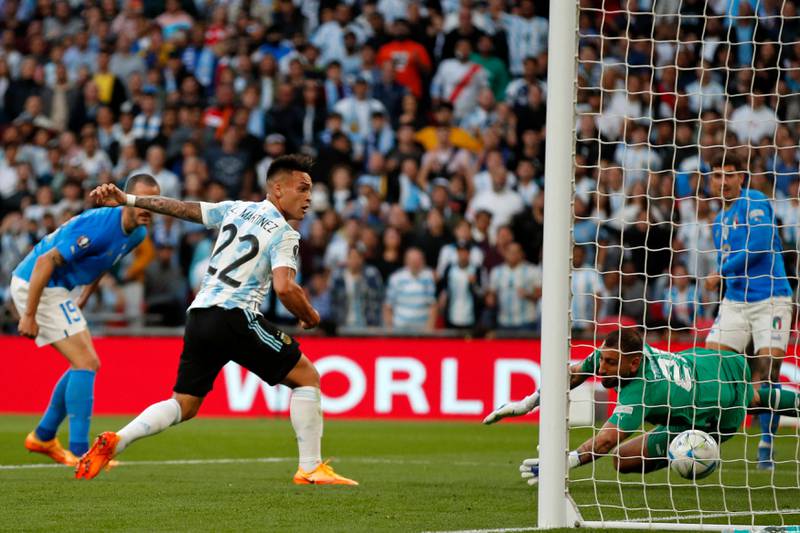 Lautaro Martinez scores the opening goal of the 'Finalissima'. AFP