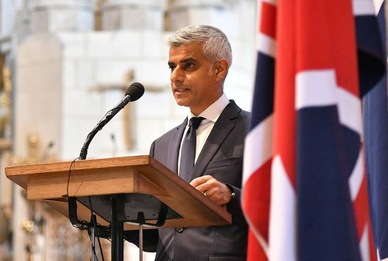 Mayor of London Sadiq Khan addresses the commemoration service at Southwark Cathedral. Britain held a national minute of silence after the ceremony. AFP/POOL/Dominic Lipinski