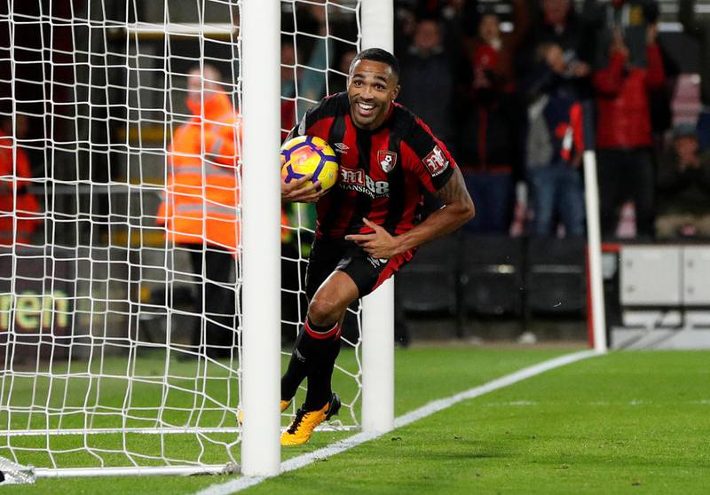 Soccer Football - Premier League - AFC Bournemouth vs Huddersfield Town - Vitality Stadium, Bournemouth, Britain - November 18, 2017   Bournemouth's Callum Wilson celebrates scoring their fourth goal to complete his hat-trick   Action Images via Reuters/John Sibley    EDITORIAL USE ONLY. No use with unauthorized audio, video, data, fixture lists, club/league logos or "live" services. Online in-match use limited to 75 images, no video emulation. No use in betting, games or single club/league/player publications. Please contact your account representative for further details.
