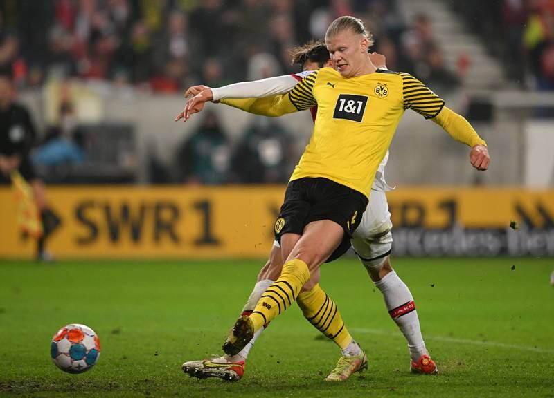 Erling Haaland scores for Dortmund in the Bundesliga match against Stuttgart in April, 2022. The goal was disallowed for offside. Getty