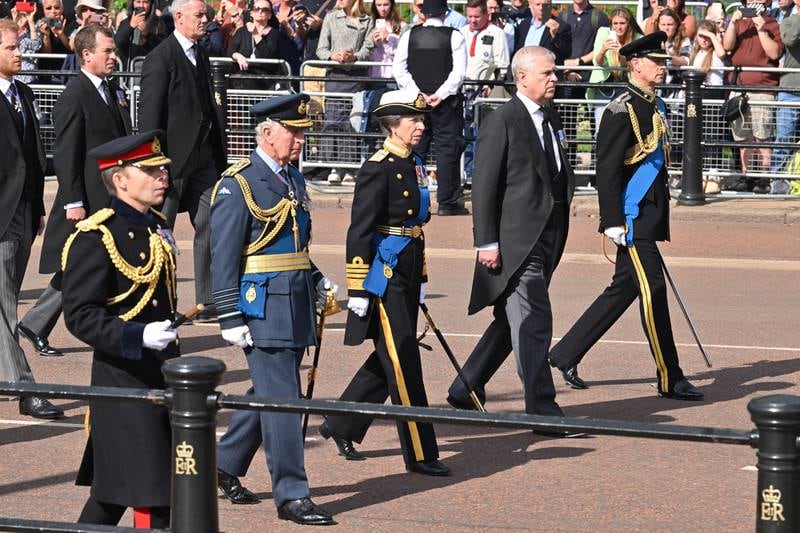 King Charles, Princess Anne, Prince Andrew and Prince Edward walk behind the coffin. Getty