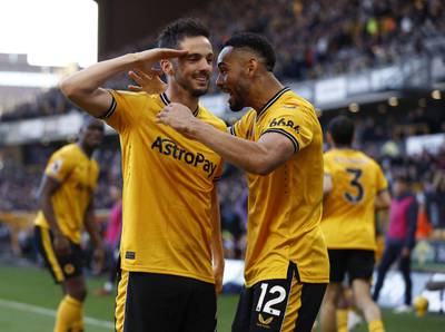 Wolverhampton Wanderers' Pablo Sarabia celebrates scoring the equaliser with Matheus Cunha. Action Images