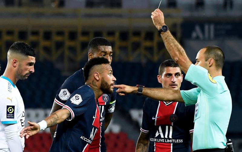 Neymar argues with referee Jerome Brisard during the LIgue 1 game against Marseille on September 13, 2020, that saw five players sent off after a mass stoppage-time brawl. EPA