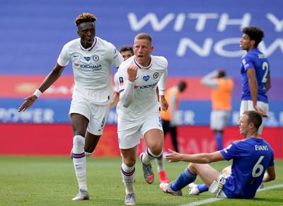Chelsea's Ross Barkley, centre, celebrates after scoring his side's opening goal during the FA Cup match against Leicester City at the King Power Stadium on Sunday, June 28. AP