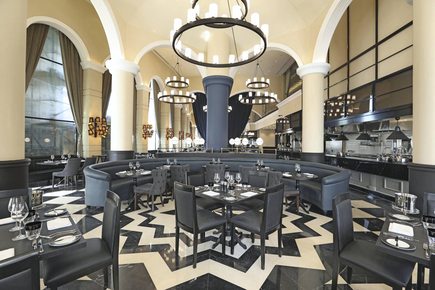 The Great British Restaurant has striking decor and acts as an all-day dining option at Dukes Dubai. Courtesy Dukes Dubai
