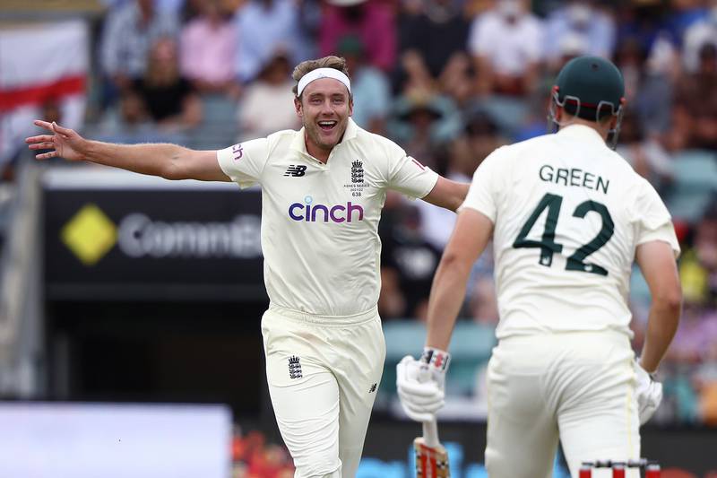 England bowler Stuart Broad celebrates taking Australia's Cameron Green's wicket for 23. AP