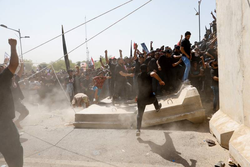 This week, Sadrists stormed the Iraqi Parliament to reject the proposal of Mohammed Al Sudani as prime minister. The government put up concrete barriers around the administrative centre of Baghdad which were brought down by demonstrators. Reuters 