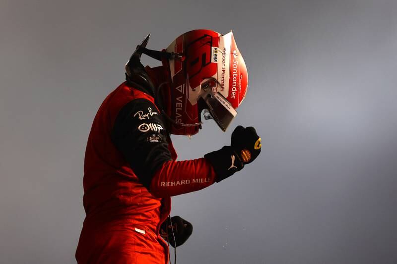 Ferrari's Bahrain Grand Prix winner Charles Leclerc celebrates after the opening race of the season. AFP