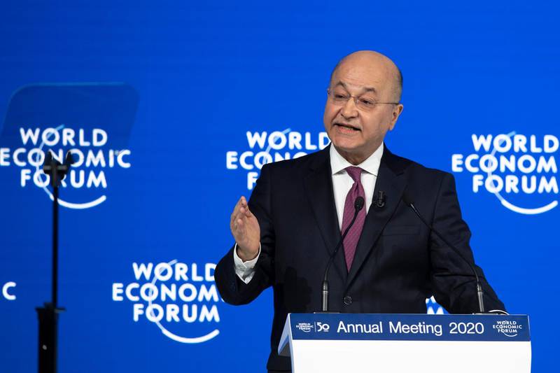Iraq's President Barham Salih speaks during the 50th annual meeting of the World Economic Forum, WEF, in Davos, Switzerland, Wednesday, Jan. 22, 2020. (Gian Ehrenzeller/Keystone via AP)