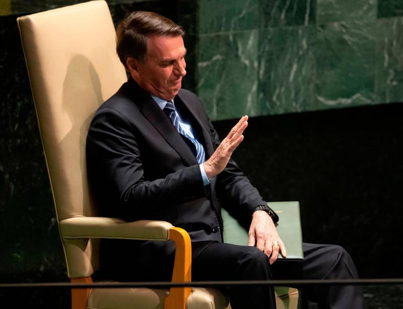 Jair Bolsonaro, President of Brazil waits to speak at the 74th session of the United Nations General Assembly September 24, 2019, in New York. AFP