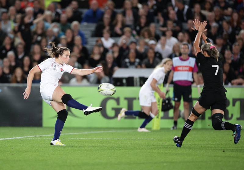 England's Emily Scarratt attempts a kick during the final. Reuters