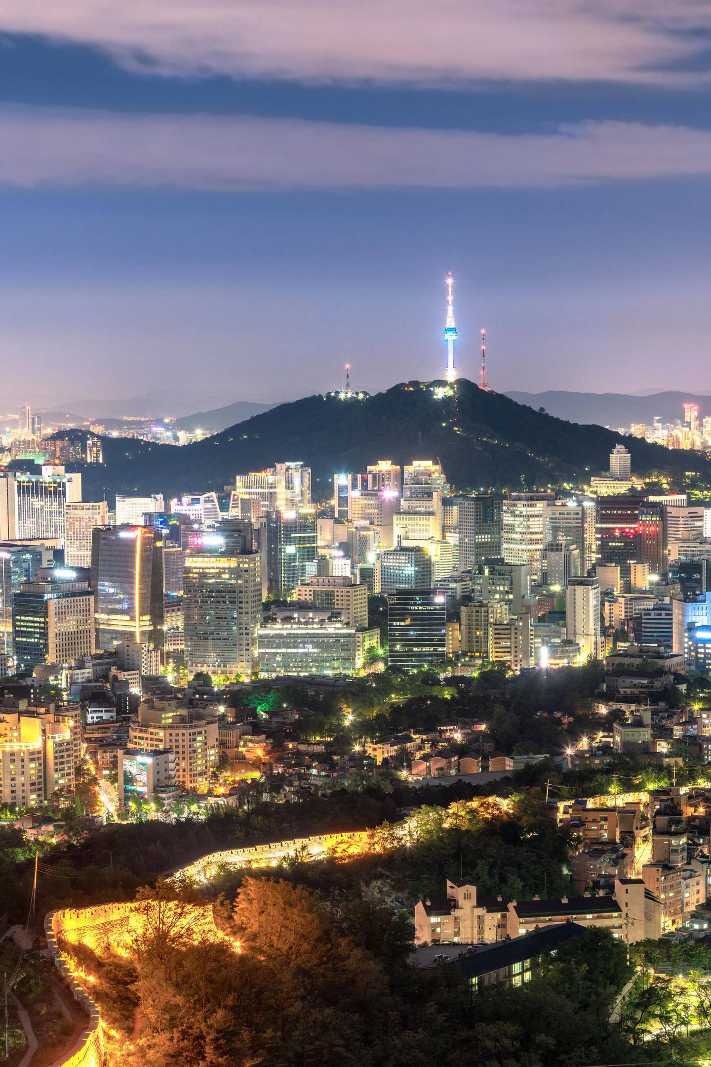 Aerial view of Seoul downtown cityscape and Namsan Seoul Tower at night, Seoul, South Korea.Getty Images