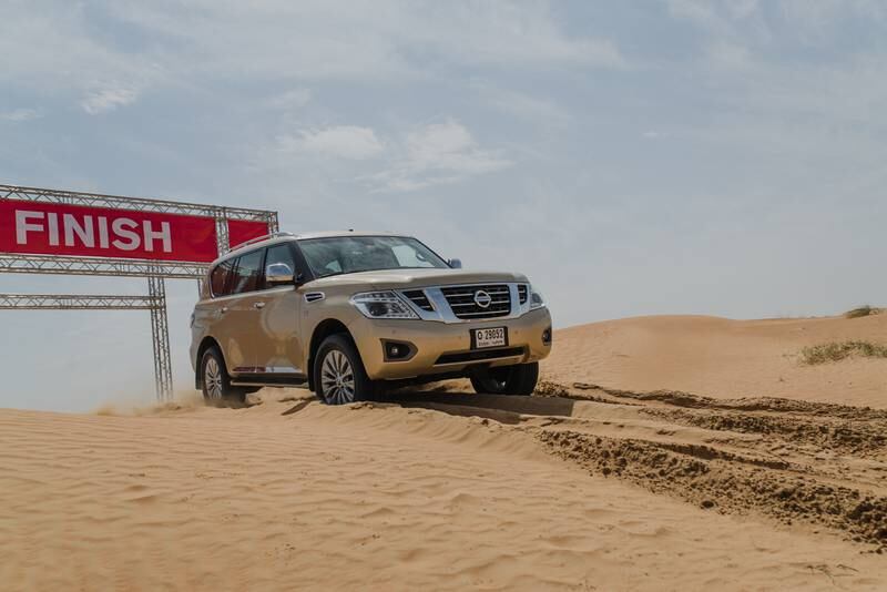 Dubai, UAE. March 2nd 2017. A Nissan Patrol demonstrating Nissan's 'camelpower' theory at a media launch held for the Nissan Patrol Super Safari (not the car pictured) at Al Maha resort in Dubai. Alex Atack for The National.  *** Local Caption ***  AA_020317_NissanLaunch-18.jpg