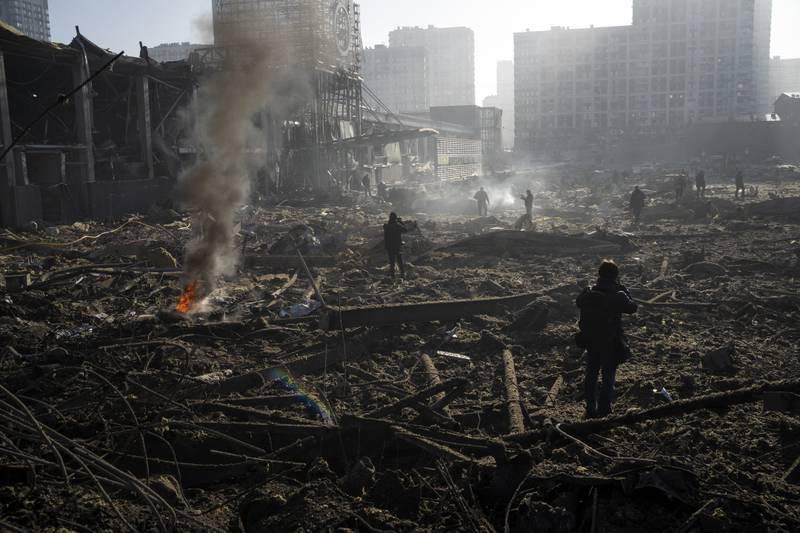 All that is left of a shopping centre after shelling in Kyiv. AP