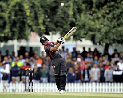 Dubai, February, 03,2019: Shaiman Anwar of UAE in action against Nepal during the final T20 at the ICC Global Academy in Dubai. Satish Kumar/ For the National / Story by Paul Radley