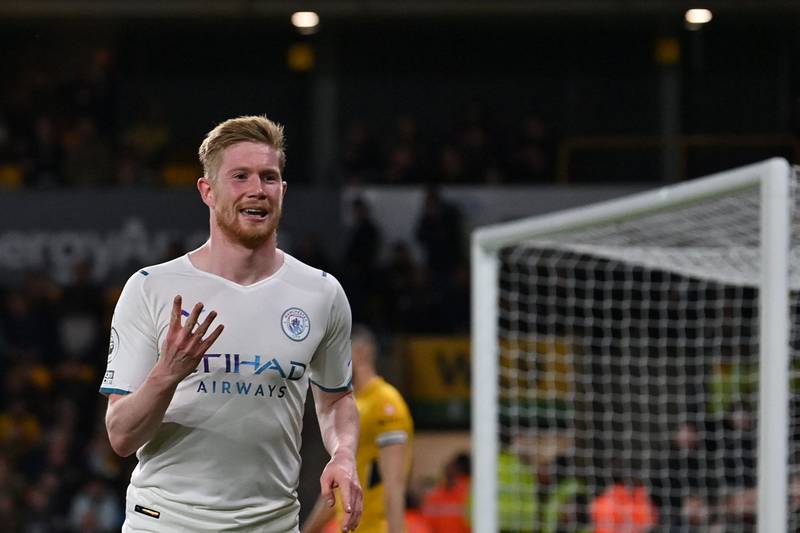 Manchester City's Belgian star Kevin De Bruyne celebrates after scoring his and his team's fourth goal during the 5-1 Premier League win at Wolves. AFP