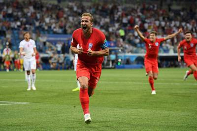 VOLGOGRAD, RUSSIA - JUNE 18:  Harry Kane of England celebrates after scoring his team's second goal during the 2018 FIFA World Cup Russia group G match between Tunisia and England at Volgograd Arena on June 18, 2018 in Volgograd, Russia.  (Photo by Matthias Hangst/Getty Images)