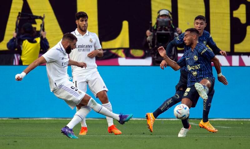 Karim Benzema scores Real Madrid's first goal against Club America during the first half of the pre-season friendly match at Oracle Park in San Francisco, California on July 26, 2022. EPA