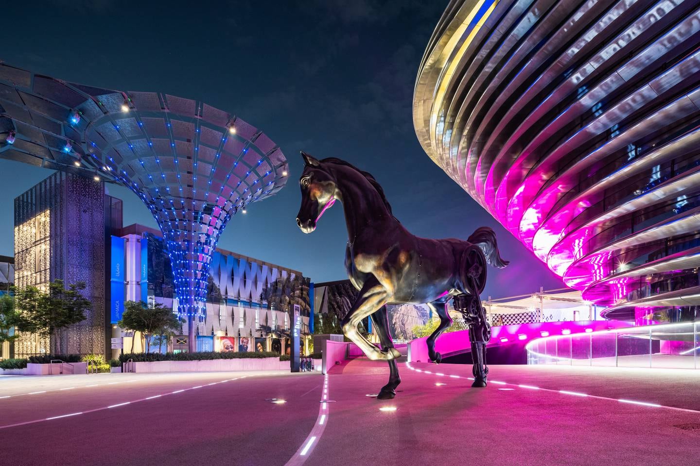An evening view of  Alif - the Mobility pavilion at Expo 2020 Dubai. Photo: Expo 2020 Dubai 