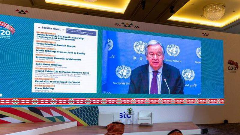 United Nation Secretary General, Antonio Guterres, conducts virtual press briefing from his office in New York ahead of the annual G20 Summit World Leaders to take place in Riyadh, Saudi Arabia. REUTERS