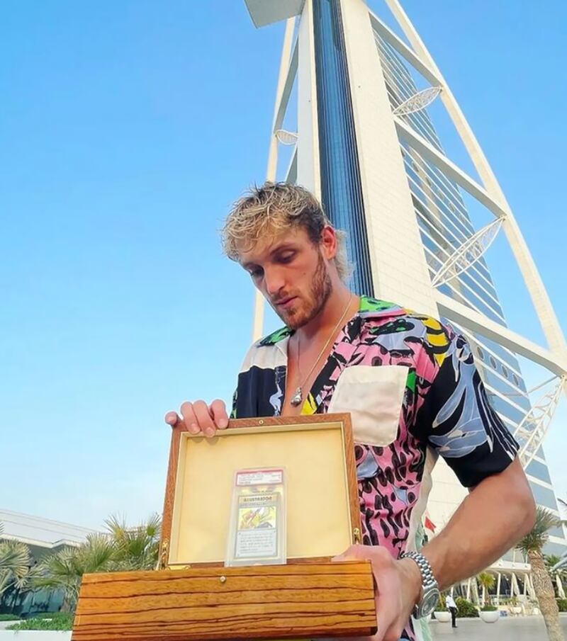 YouTuber Logan Paul pictured at the Burj Al Arab with the Pokemon card he bought for $5.3 million. All photos: @dubsy via Instagram