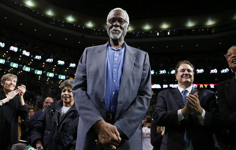 Boston Celtics legend Bill Russell stands court side during a tribute in his honour in the second quarter of an NBA basketball game against the Milwaukee Bucks in Boston. AP